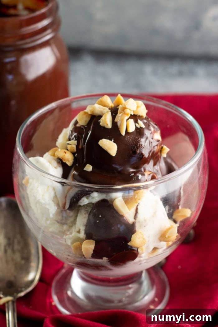 Hot Fudge Sauce generously poured over ice cream and topped with chopped peanuts, ready to be devoured.