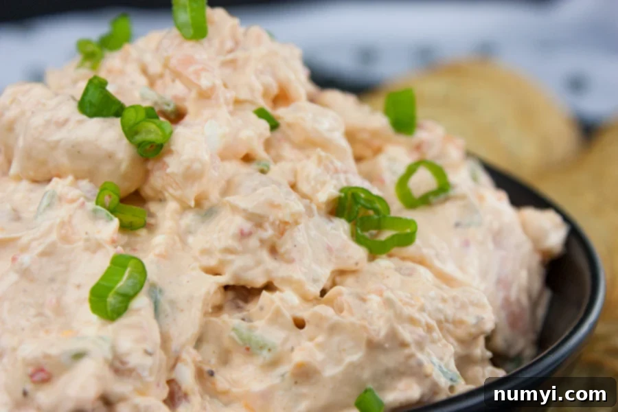 Easy Cold Shrimp Dip - A close up of the dip in a black bowl