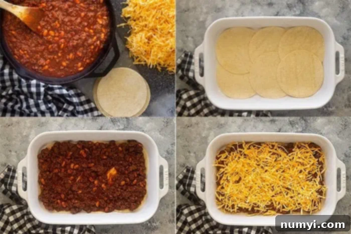 photo collage showing how to assemble taco casserole with corn tortillas