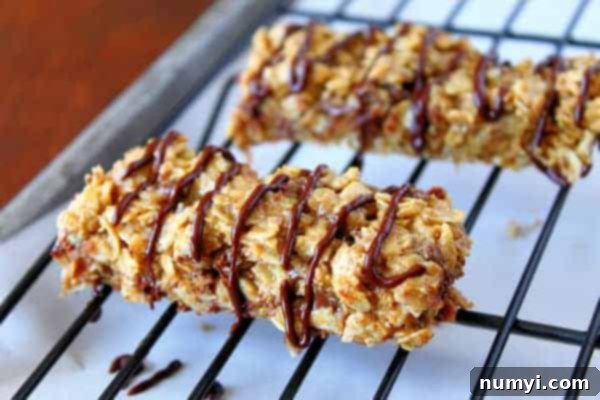 Two homemade chewy peanut butter granola bars on a cooling rack, lightly drizzled with chocolate.