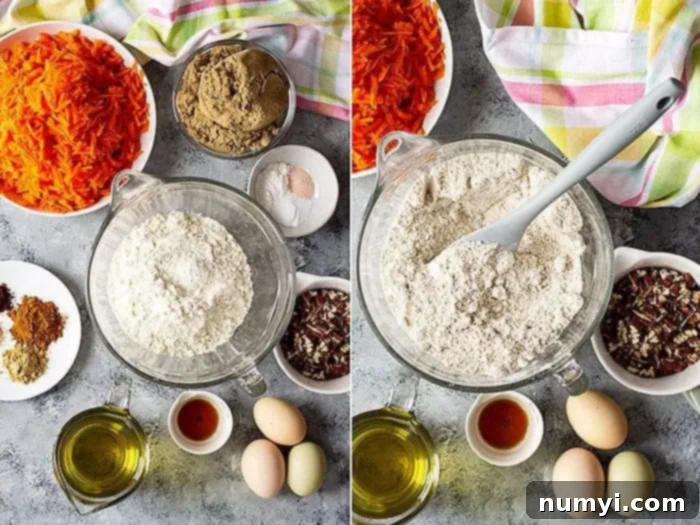 Two pictures showing classic carrot cake ingredients laid out, ready for baking.