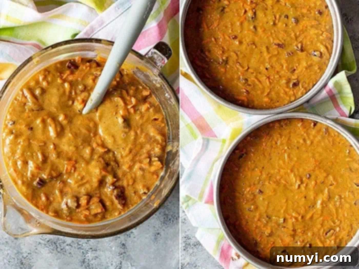 Top down view of classic carrot cake recipe batter in a bowl and then in round baking pans ready for the oven.