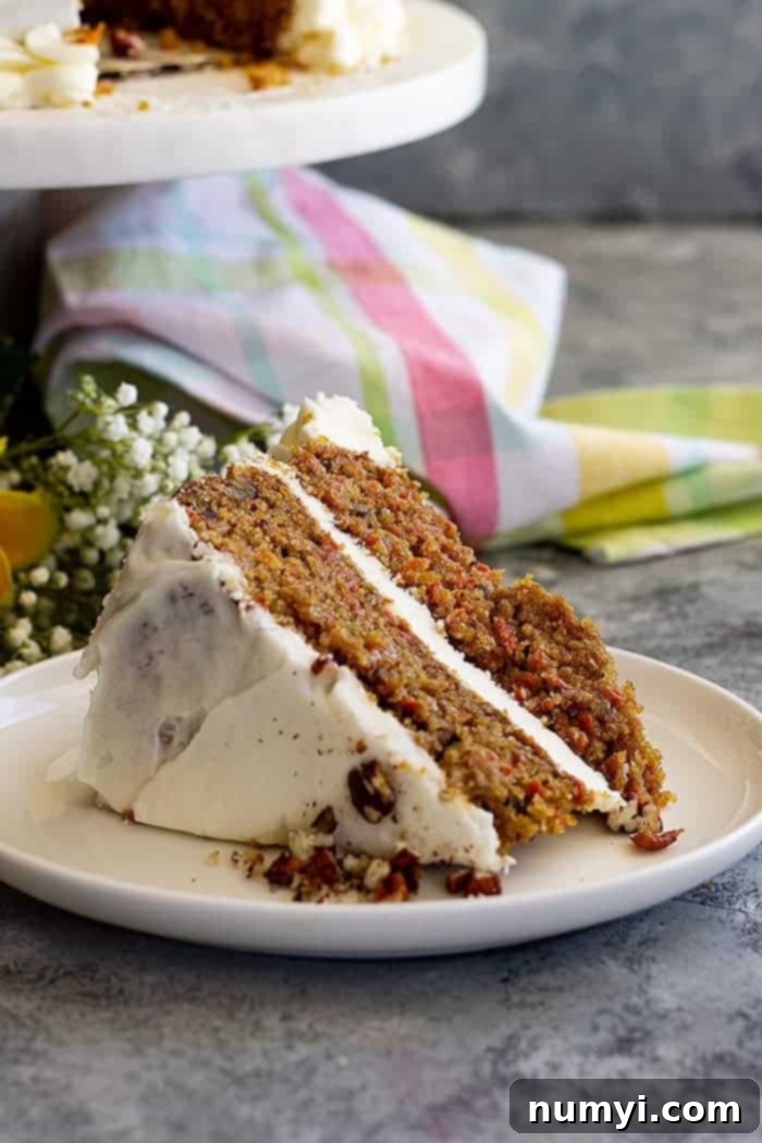 A large slice of cake on a white plate. 