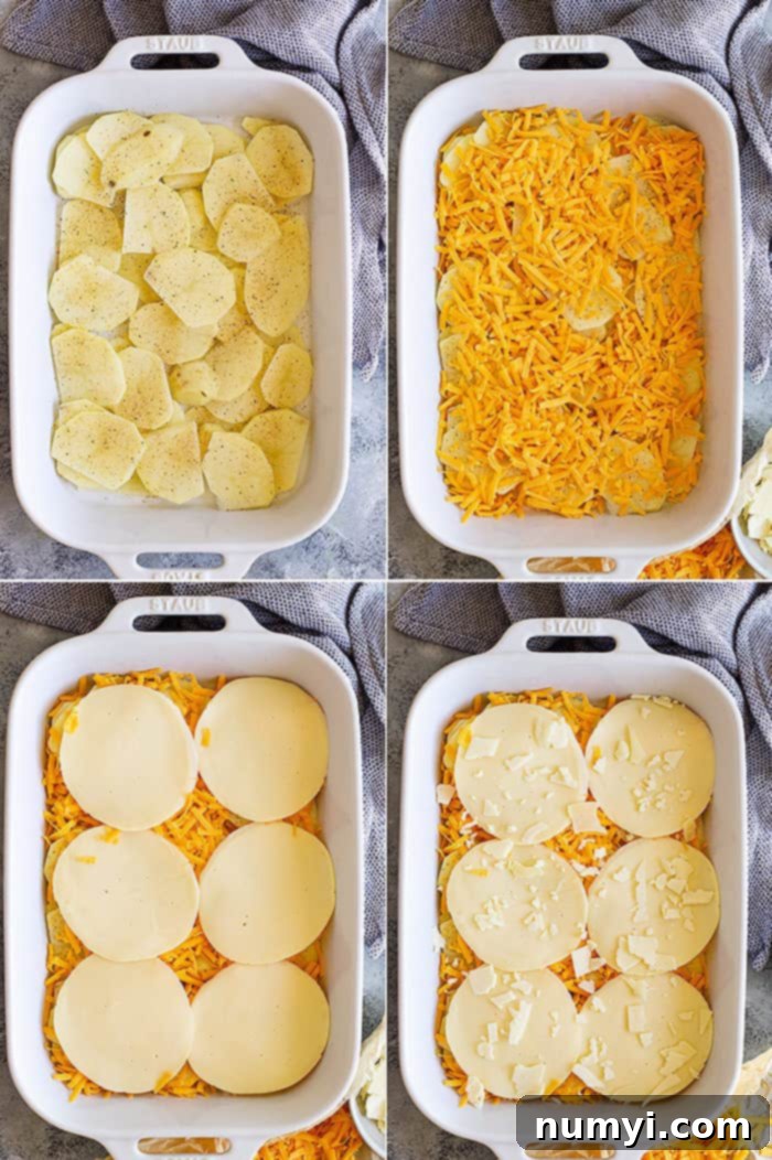 Step-by-step images showing the layering process of potatoes au gratin in a baking dish.