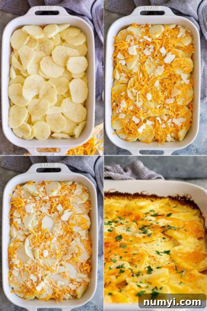 Pictures of completed au gratin potatoes ready to be baked and fresh out of the oven, golden and bubbly.