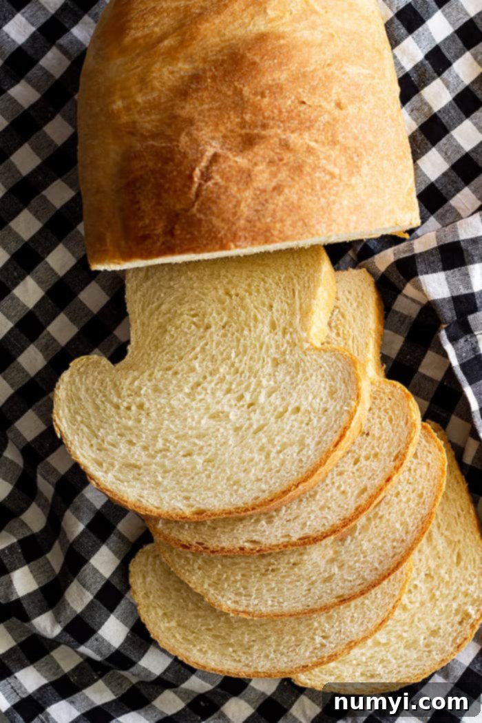 A top down view of slices of bread and the loaf. 