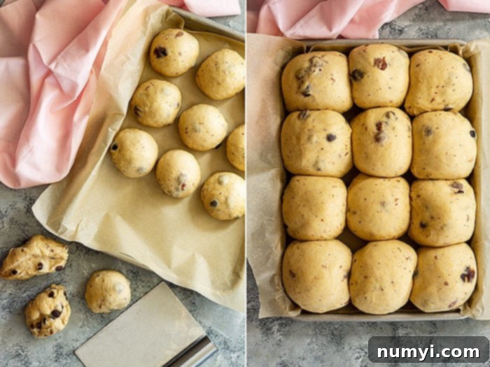 Pictures of hot cross bun dough being divided and shaped into individual rolls, ready for the second rise.
