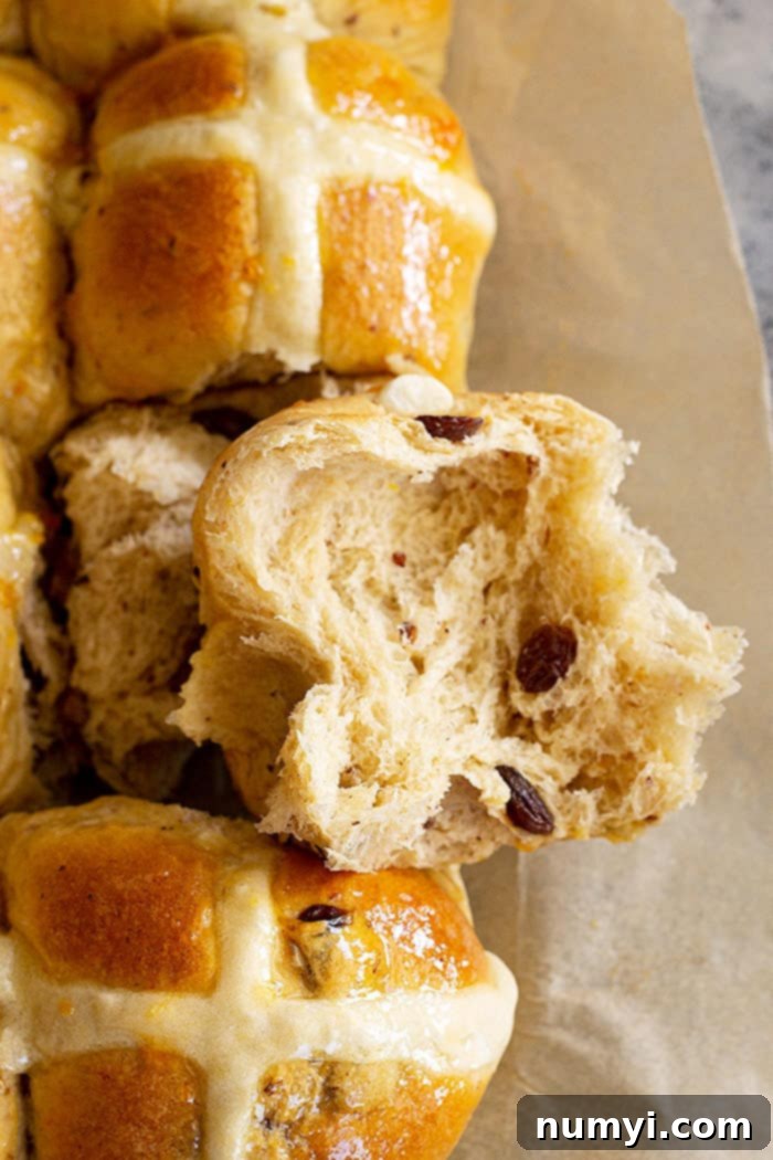 A hot cross bun broken open to reveal its soft, fluffy interior with visible raisins and spices.