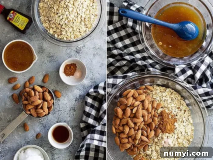 overhead process shot collage: image on left shows almond granola ingredients and image on right shows granola being mixed in a bowl