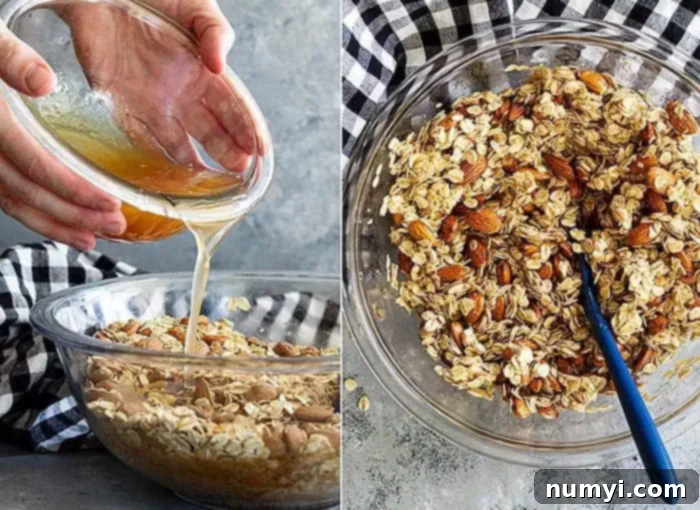 process shot collage: image on left shows the honey mixture being poured into the oats, overhead image on right shows granola being mixed with the honey mixture