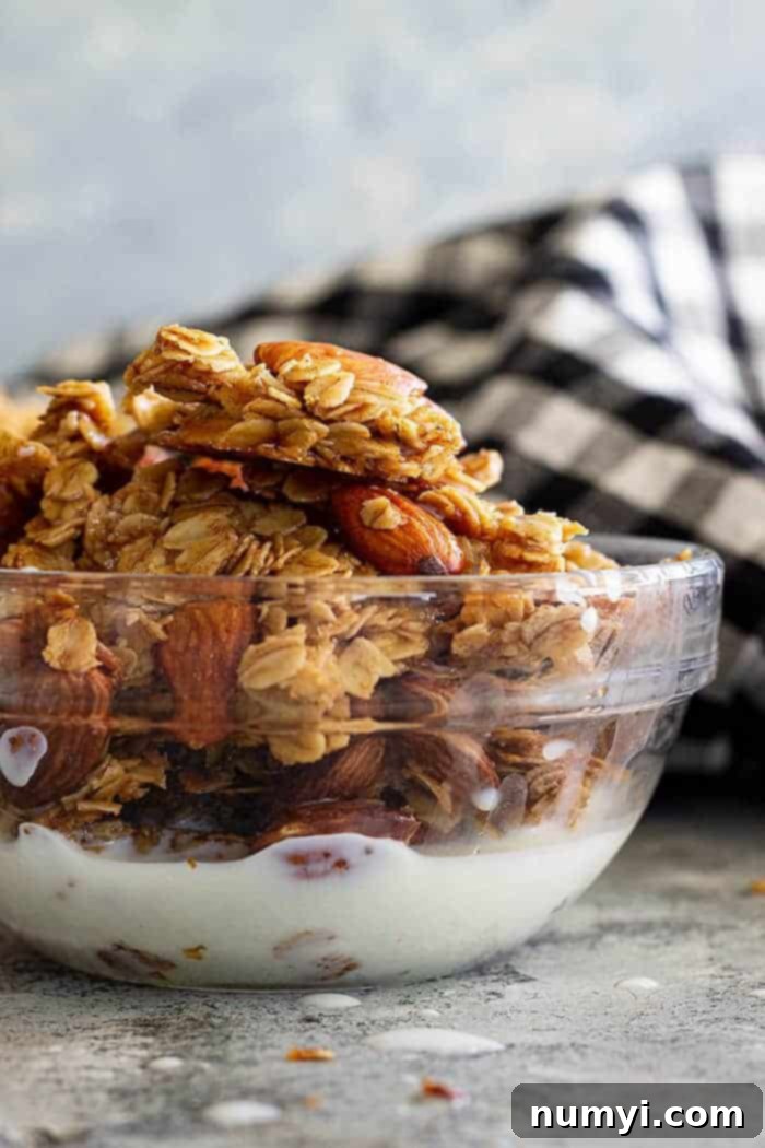 side view closeup: honey almond granola recipe in a bowl with a splash of milk