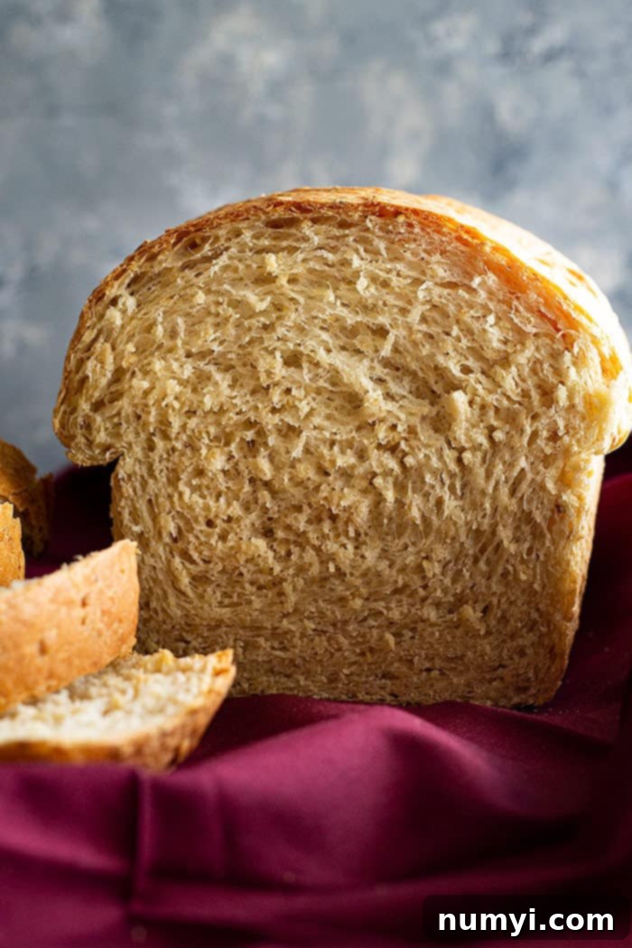 Bread sliced to show the interior of the bread's crumb.