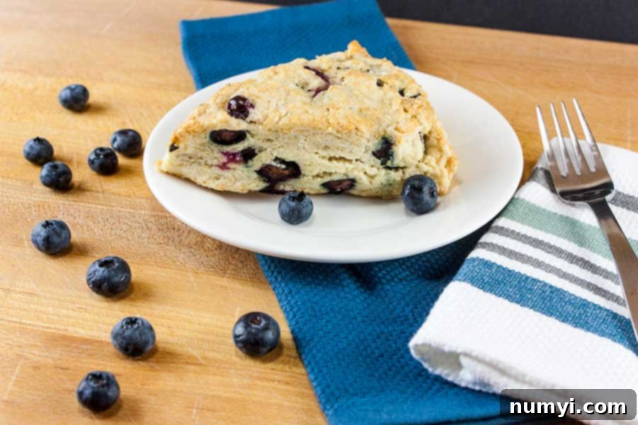 Two freshly baked blueberry scones on a white plate, surrounded by scattered fresh blueberries and a rustic white cloth on a wooden table, highlighting their inviting texture.