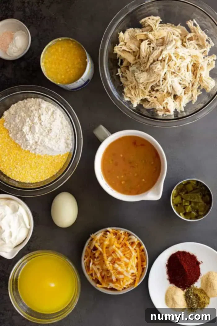 Fiesta Chicken Tamale Bake 3 overhead: ingredients needed to make my chicken tamale pie recipe
