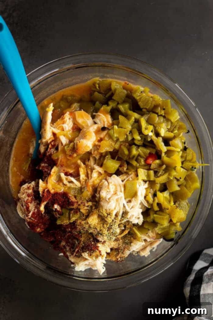 Fiesta Chicken Tamale Bake 6 overhead: a bowl full of chicken tamale pie filling before mixing