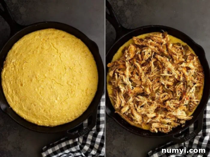 Fiesta Chicken Tamale Bake 7 overhead process shot collage: two photos showing how to assemble chicken tamale pie with cornbread before baking