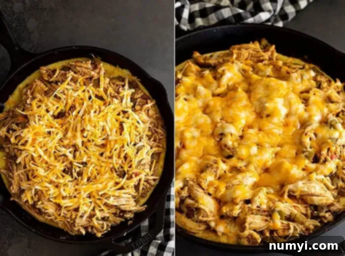 Fiesta Chicken Tamale Bake 8 overhead process shot collage: two photos showing how to assemble chicken tamale pie recipe with cheese before and after baking