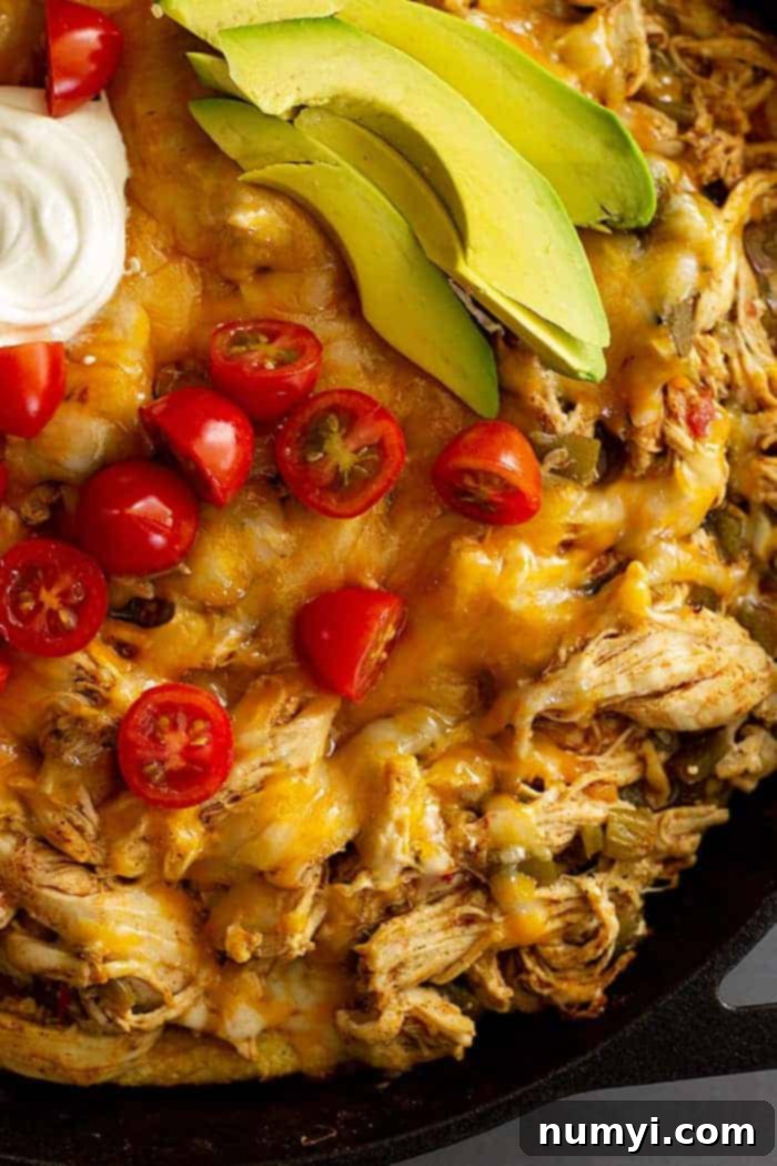Fiesta Chicken Tamale Bake 9 overhead closeup: recipe for chicken tamale pie after baking with melted cheese, tomatoes, and avocado on top