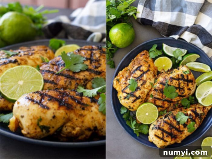 Close-up pictures of grilled Cilantro Lime Chicken on a plate garnished with cilantro and lime wedges.