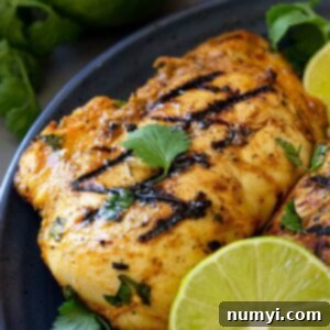 Grilled chicken on a blue plate garnished with lime and cilantro.