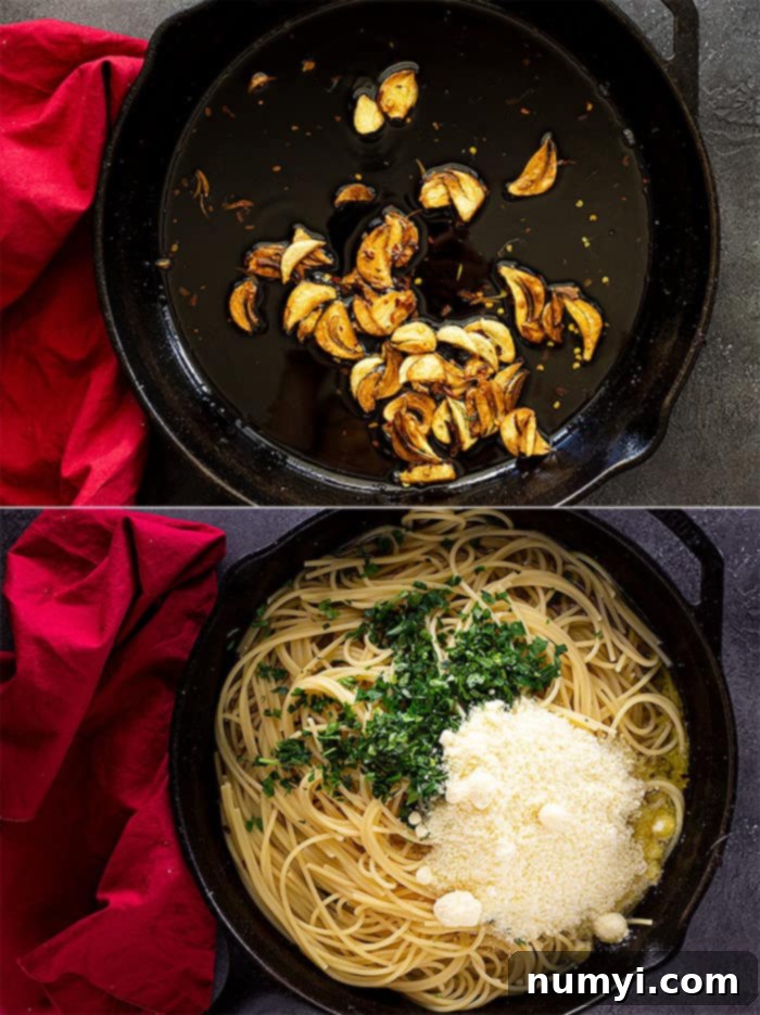 Garlic and Olive Oil Spaghetti 4 Garlic cooked in a cast iron pan and then pasta, parmesan, and parsley added.