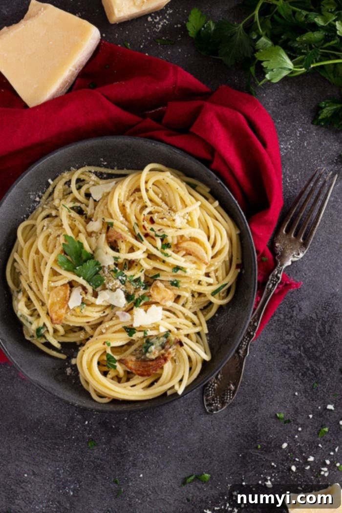 Garlic and Olive Oil Spaghetti 6 Pasta in a dish garnished with extra cheese and parsley.
