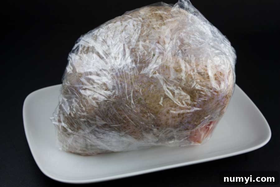 turkey breast wrapped in plastic on a white platter
