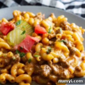 Homemade Cheeseburger Pasta Skillet ready to be served, a healthier alternative to Hamburger Helper, prepared in under 30 minutes with real ingredients.