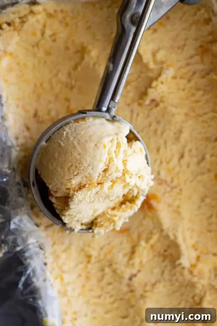 Overhead view of a perfectly scooped serving of homemade no-churn peach ice cream, garnished with a fresh peach slice.