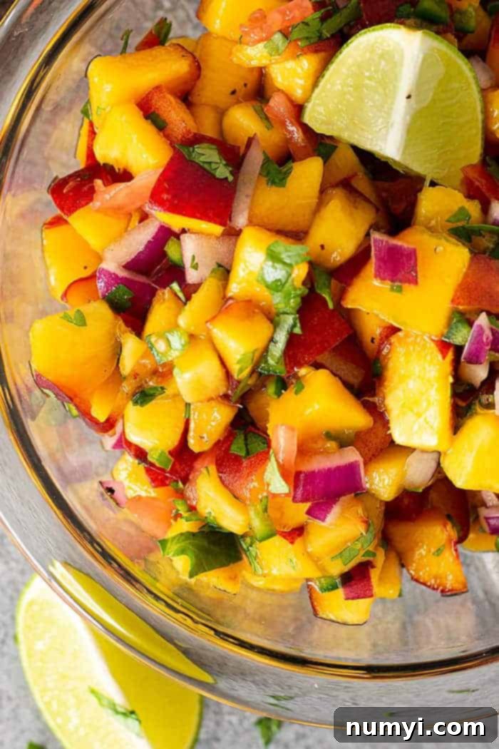 Close up of peach jalapeno salsa. 