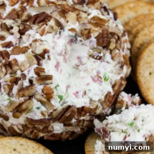 Pecan Crusted Cheese Ball Perfection 7 A delicious pecan-crusted cheese ball ready to be served, framed by a pristine white border.