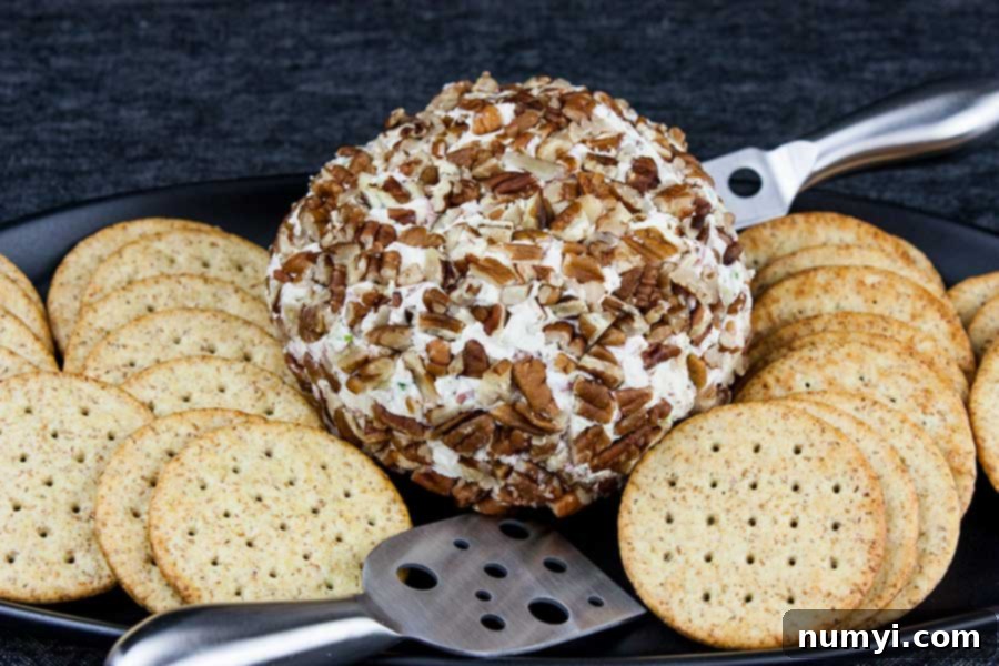 Pecan Crusted Cheese Ball Perfection 6 The star of the party: a magnificent pecan-crusted cheese ball presented on an elegant black platter, artfully surrounded by an array of crispy wheat crackers.