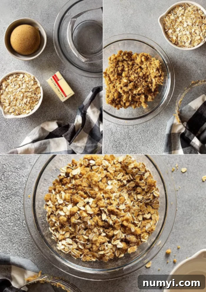 Decadent Banana Fudge Cake 3 Close-up images of the buttery brown sugar and oat mixture, ready to be sprinkled over the cake batter for a delightful crunchy topping.