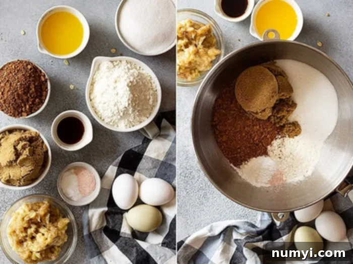 Decadent Banana Fudge Cake 4 A collection of ingredients laid out, including flour, cocoa powder, sugars, baking agents, and ripe bananas, ready to be transformed into a delicious chocolate banana cake.