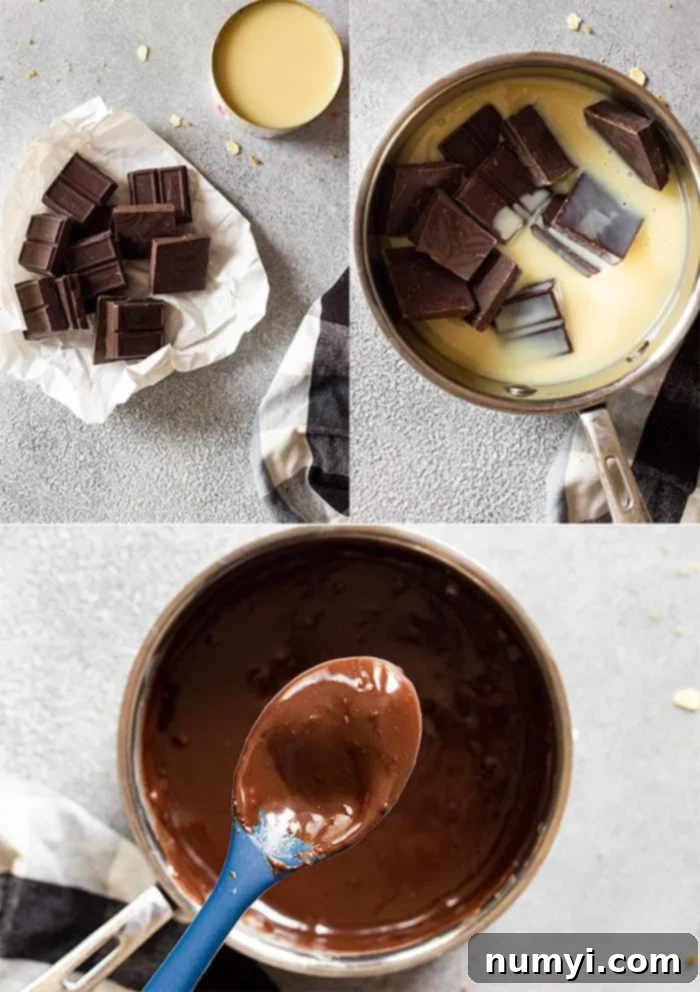 Decadent Banana Fudge Cake 5 Chocolate pieces and sweetened condensed milk melting together in a saucepan over low heat, forming a rich fudge mixture for the cake.