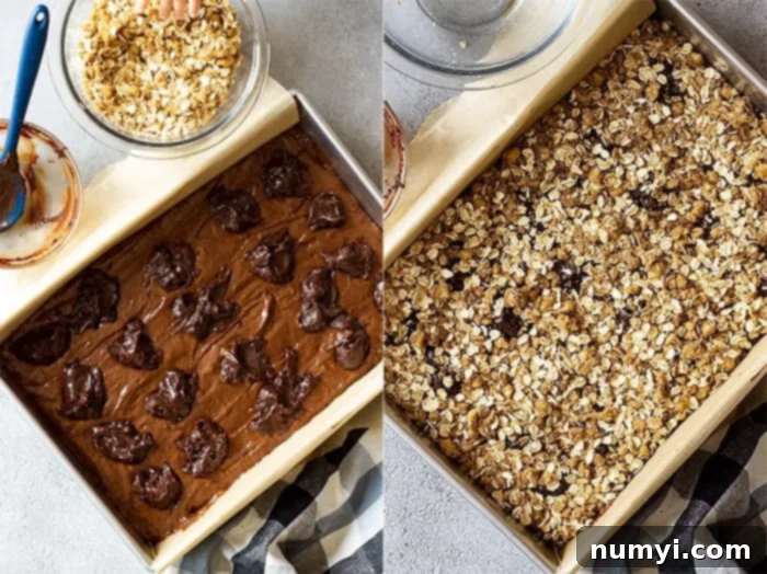 Decadent Banana Fudge Cake 7 Spoonfuls of fudge dropped onto cake batter, then topped with oat mixture before baking, showing the assembly process of the fudge banana cake.