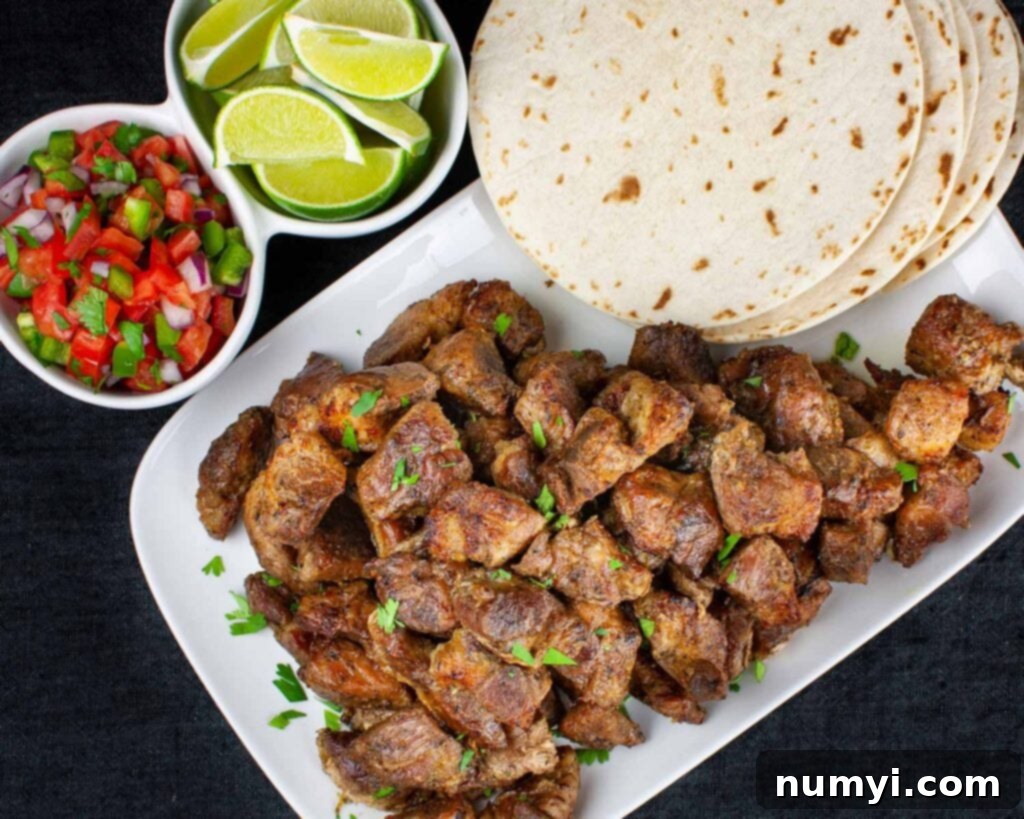 Three cubes of crispy pork carnitas in a row, showing the rich, caramelized texture.