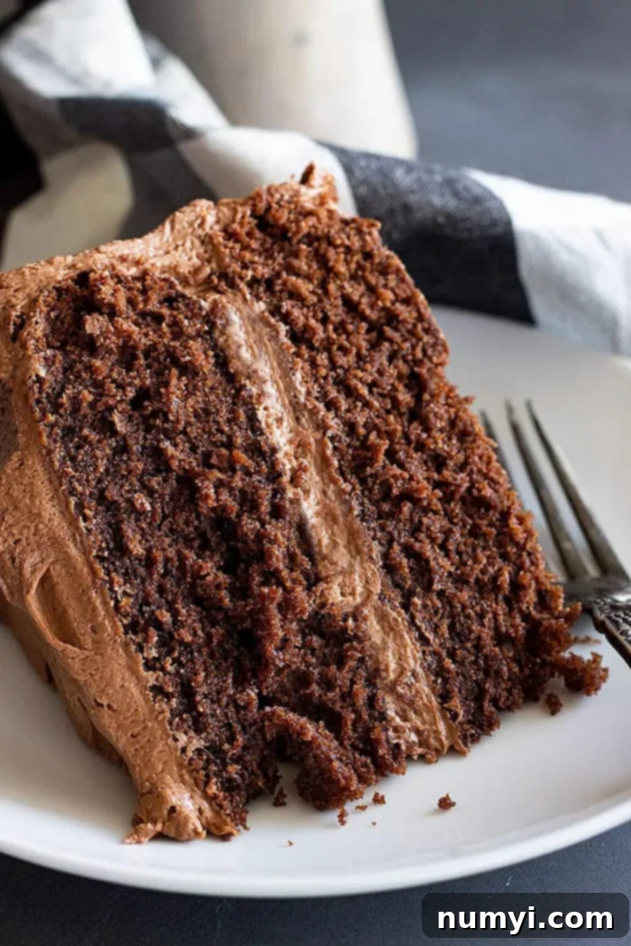 slice of Devil's Food cake on plate with fork, showing its moist and fluffy texture