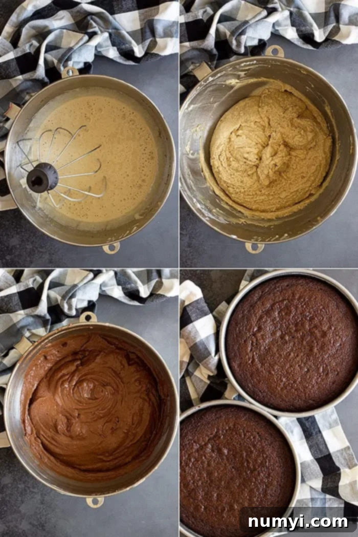step-by-step collage showing how to make devils food cake, from mixing to baking