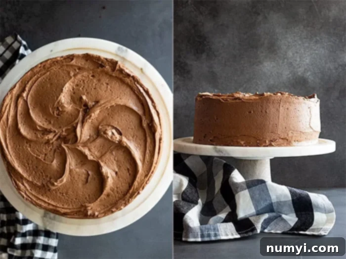 collage: overhead and side view of frosted devils food layer cake, ready for serving