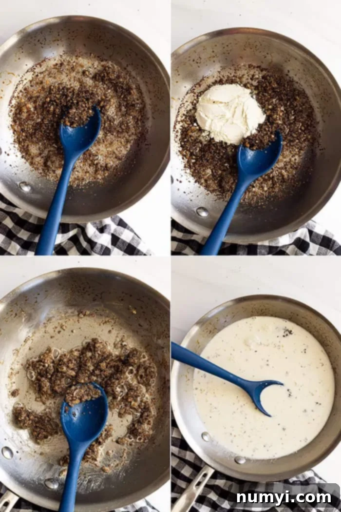 From Scratch Creamy Mushroom Concentrate 4 A four-panel collage showing the step-by-step process of making homemade condensed cream of mushroom soup, from sautéing mushrooms to the final creamy consistency, on a clean kitchen surface.