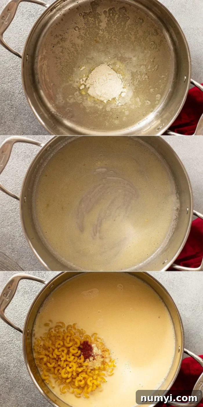 Overhead process shot collage showing three stages: making a roux with butter and flour, then whisking in liquids (water and evaporated milk), and finally adding the pasta and seasonings to the pot.