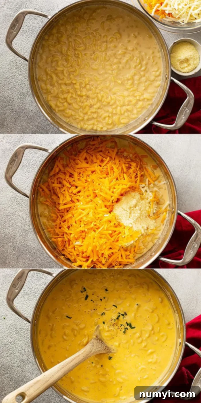 Overhead process shot collage: three images showing cooked pasta in a creamy sauce, followed by adding a generous amount of shredded cheese, and the final beautifully melted, ultra-creamy mac and cheese.