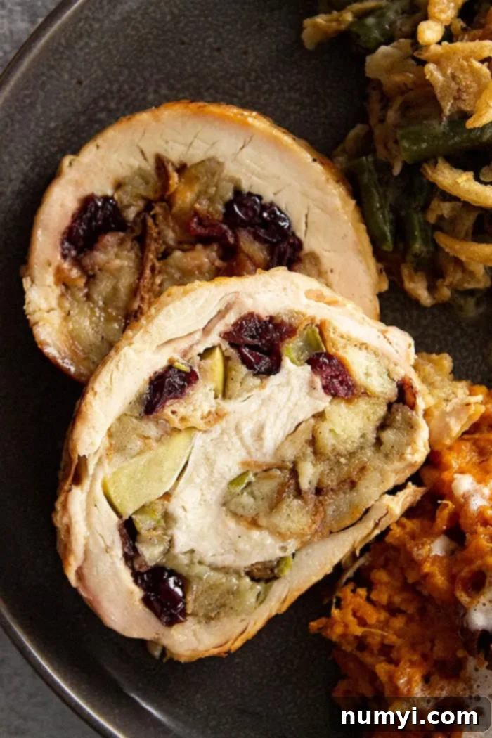 overhead closeup: sliced stuffed turkey breast on a plate with the stuffing, apples, and cranberries showing