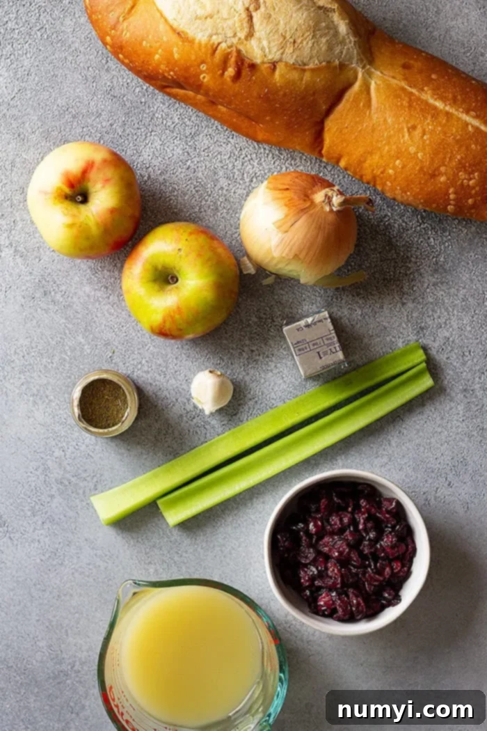 overhead: ingredients to make the apple cranberry stuffing for the stuffed turkey
