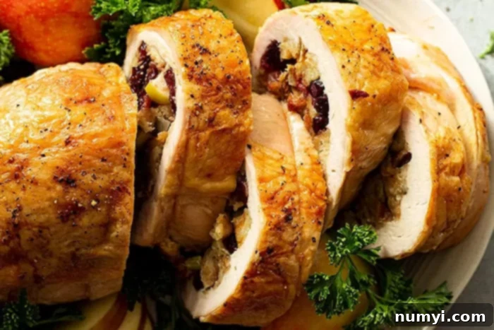 overhead closeup: several slices of stuffed turkey breast garnished with cut apples, parsley, and dried cranberries on the serving plate