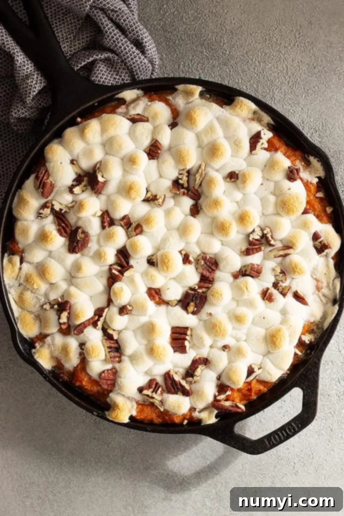 overhead: old fashioned sweet potato casserole freshly baked out of the oven