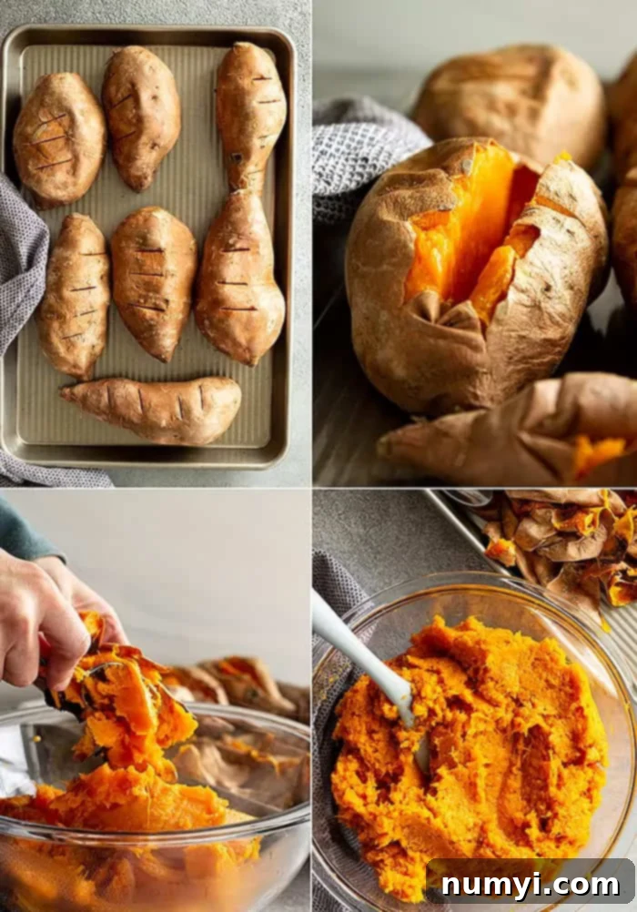 process shot collage: four images showing the sweet potatoes cooked on a baking sheet, sliced open to cool, scooping the pulp out into a bowl, and mixing the ingredients in a bowl