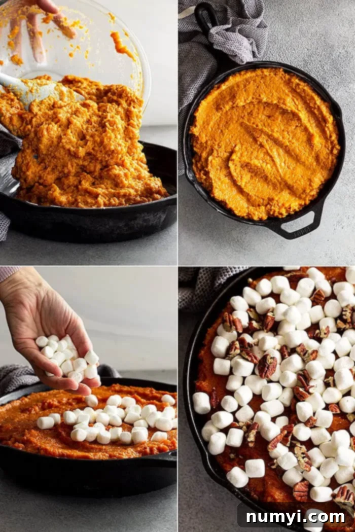 process shot collage: four images showing pouring the sweet potatoes into a cast iron skillet, smoothing the surface, topping with marshmallows, and then with pecans