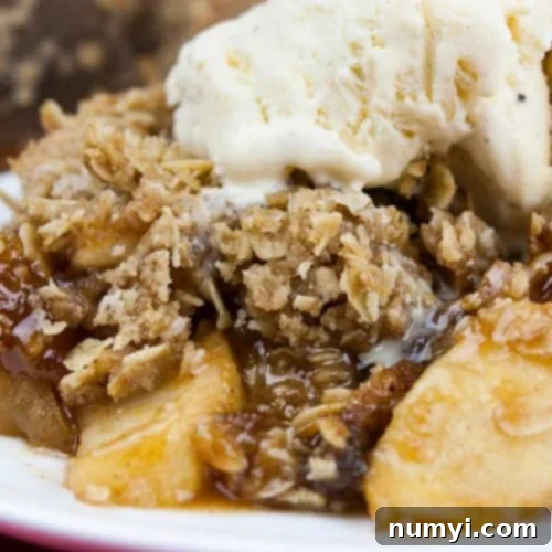 Comforting Apple Crisp with a Golden Oat Crumble 8 Classic apple crisp with oat topping on a white plate topped with vanilla ice cream.
